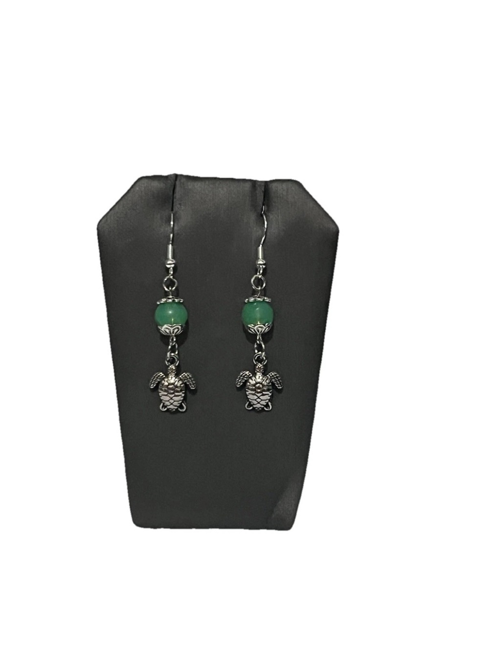 Handcrafted Green Bead Turtle Earrings Silver Tone Beach Boho Gift for Her - Picture 5 of 6